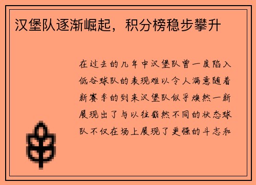 汉堡队逐渐崛起，积分榜稳步攀升