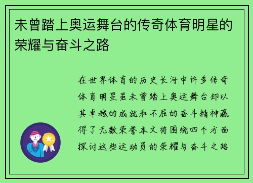 未曾踏上奥运舞台的传奇体育明星的荣耀与奋斗之路